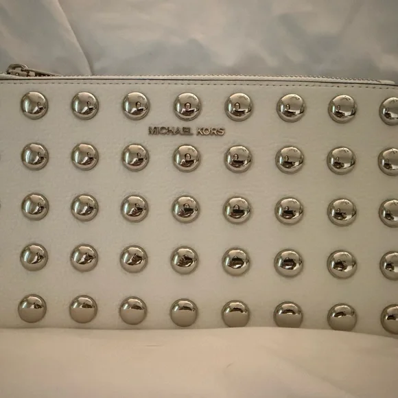 Michael Kors Optic White Leather Wristlet/soft Clutch with Silver Stud Accents - Picture 2 of 7